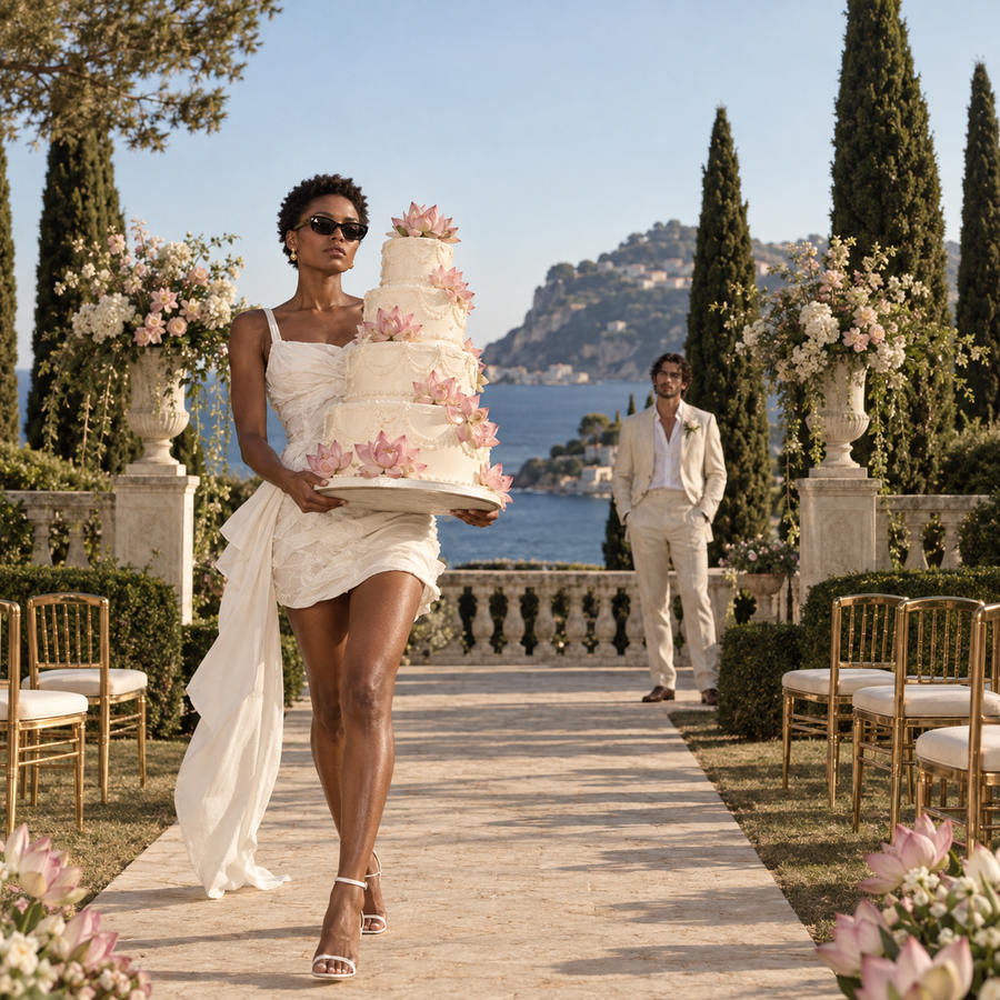 Black woman in a white dress carrying a tiered wedding cake decorated with pink lotus flowers through a Mediterranean villa garden.