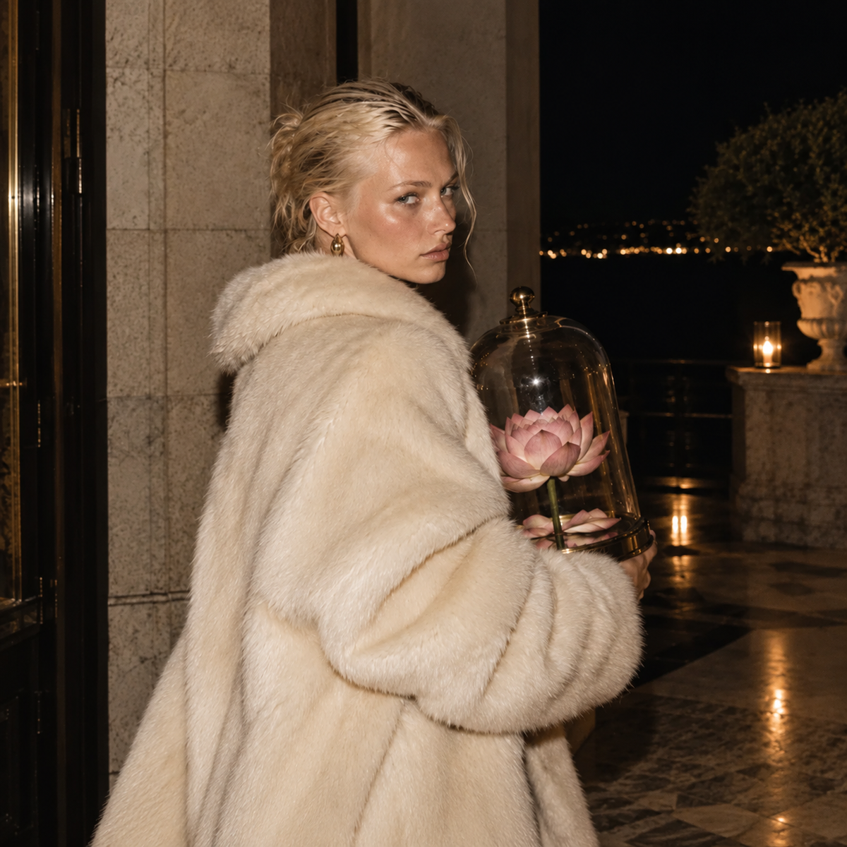 Blonde woman in an oversized white fur coat holding a pink lotus flower beneath a glass dome at night, representing Anuradha Nakshatra in Vedic astrology.
