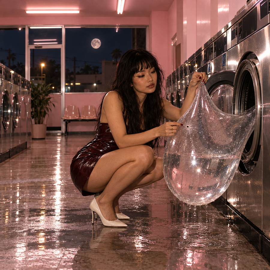 Dark-haired woman in a burgundy vinyl mini dress and cream heels crouching beside a washing machine, while holding a large transparent water-filled balloon in a pink laundrette at night.