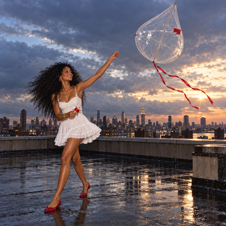 Woman with voluminous curly black hair in a white lace mini dress and red heels flies a transparent teardrop-shaped kite with red ribbons on a rain-soaked New York rooftop at sunset, against a dramatic cloudy sky and illuminated city skyline.