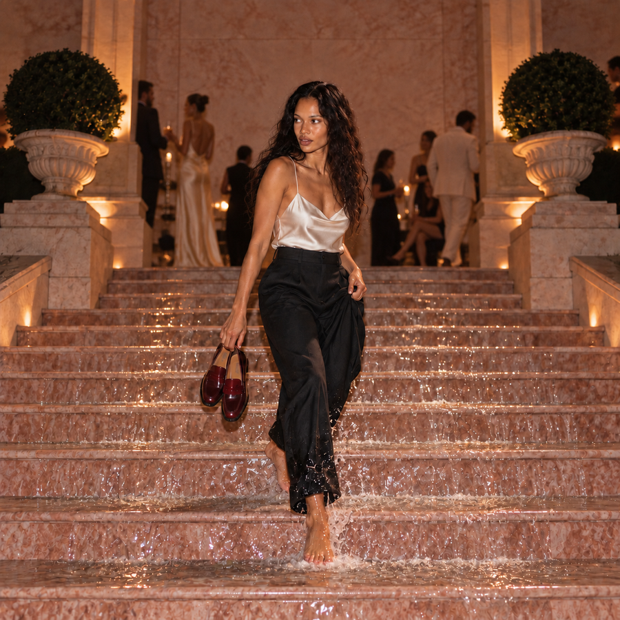 Barefoot Indian model in an ivory satin camisole and black trousers carries burgundy loafers down cascading marble steps at an elegant evening party, with guests mingling in the background.