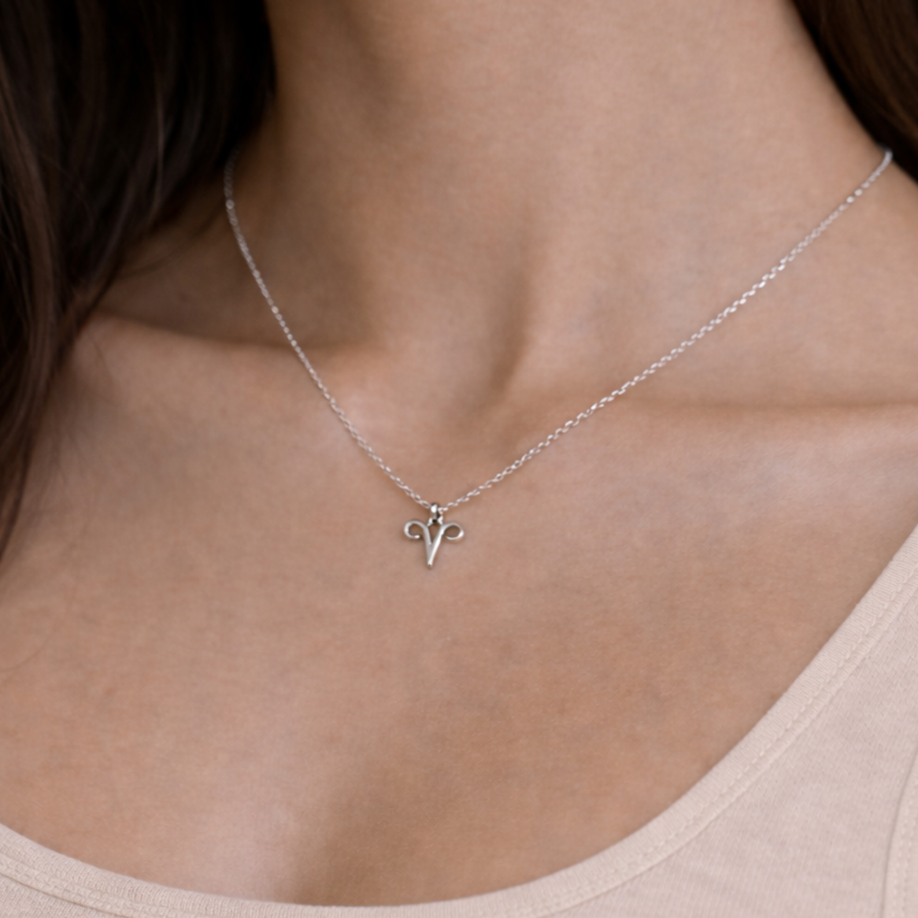 Aries necklace silver close up showing zodiac symbol pendant