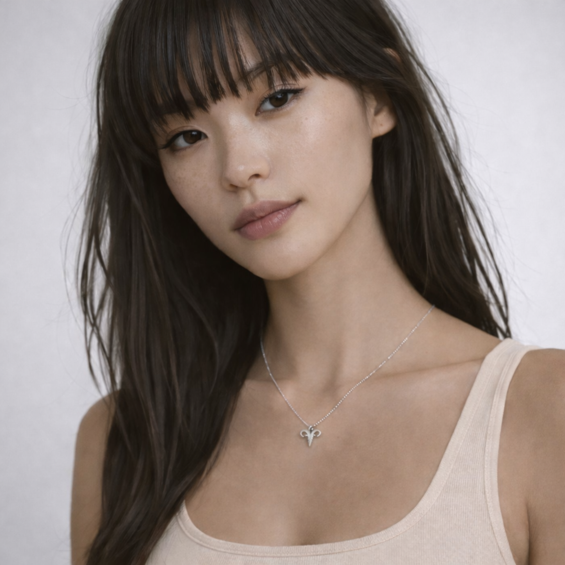 Aries necklace silver worn on model looking to side with silver chain