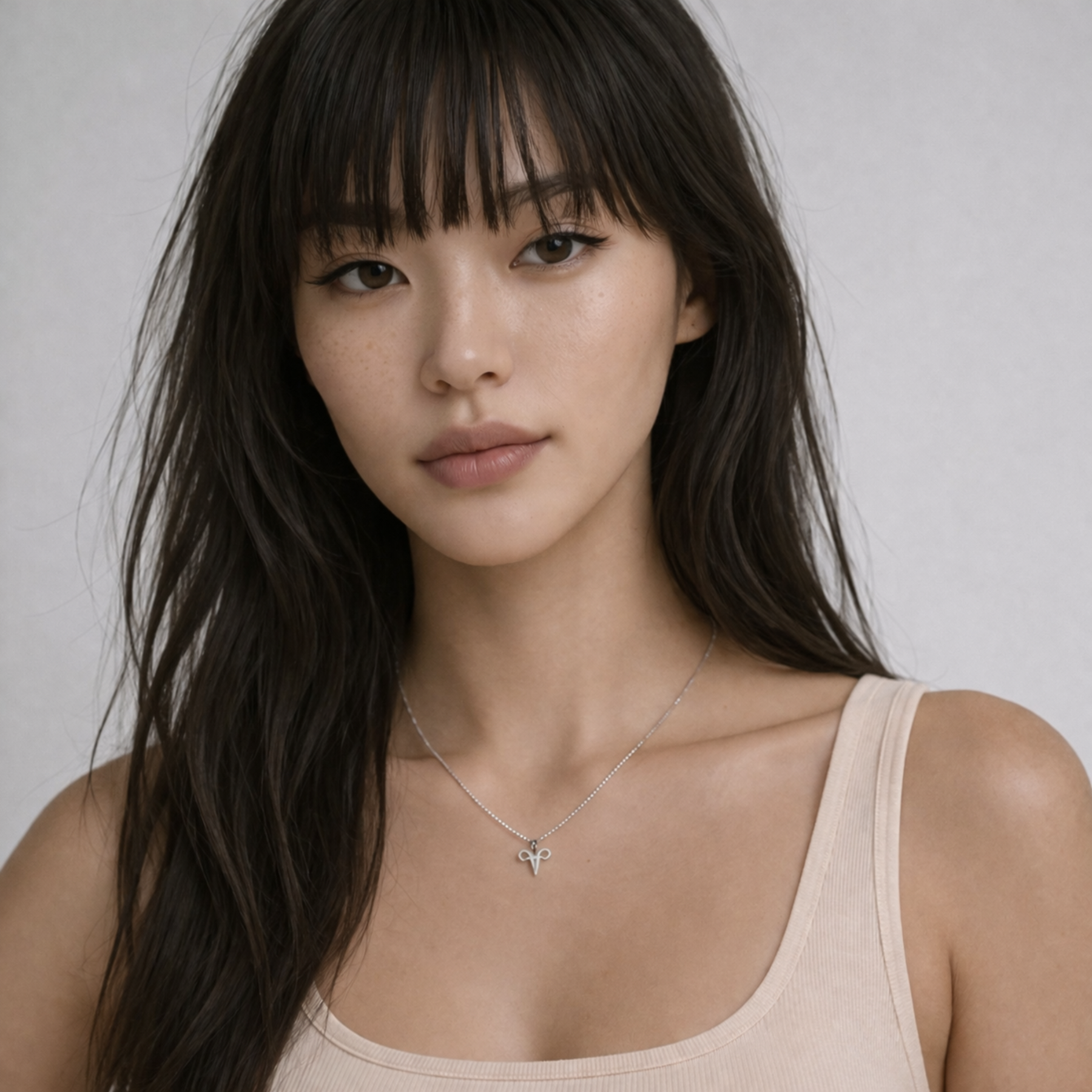Aries necklace silver worn on model with beige top and silver chain