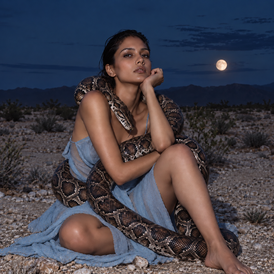 Indian woman seated in a moonlit desert with a large python coiled around her, representing Ashlesha Nakshatra in Vedic astrology.