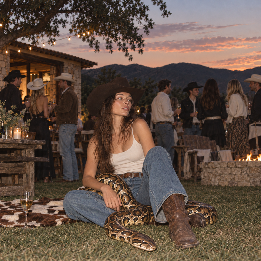 Brunette woman in a cowboy hat, white vest, blue jeans and leather boots sitting on the grass with a large python coiled around her legs, while guests mingle at a ranch party at sunset.
