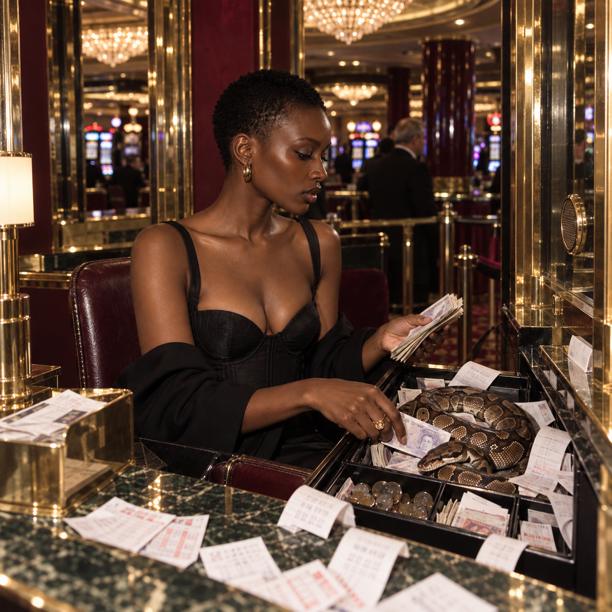 Black woman in a black corset dress counting money at a luxurious casino counter, with scattered receipts and a large python coiled inside an open cash drawer.