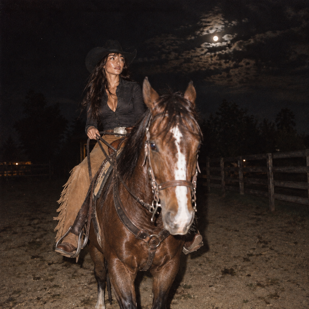 Dark-haired cowgirl in a black cowboy hat and brown fringed chaps riding a chestnut horse towards the camera at night, with a full moon overhead, captured in grainy 1990s flash photography.