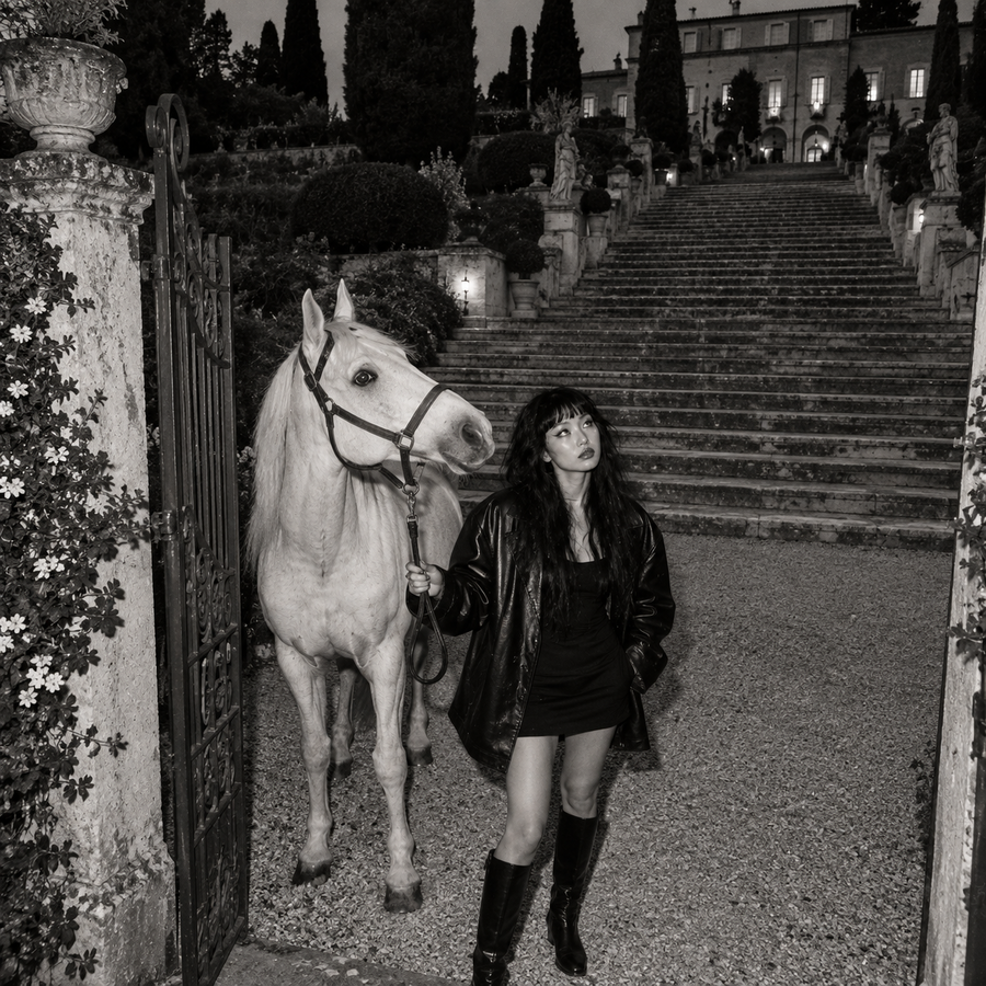 Dark-haired woman in a black mini dress, oversized leather jacket and knee-high boots leading a white horse through ornate iron gates at the foot of a grand stone staircase, in a black-and-white 1990s-inspired fashion editorial.