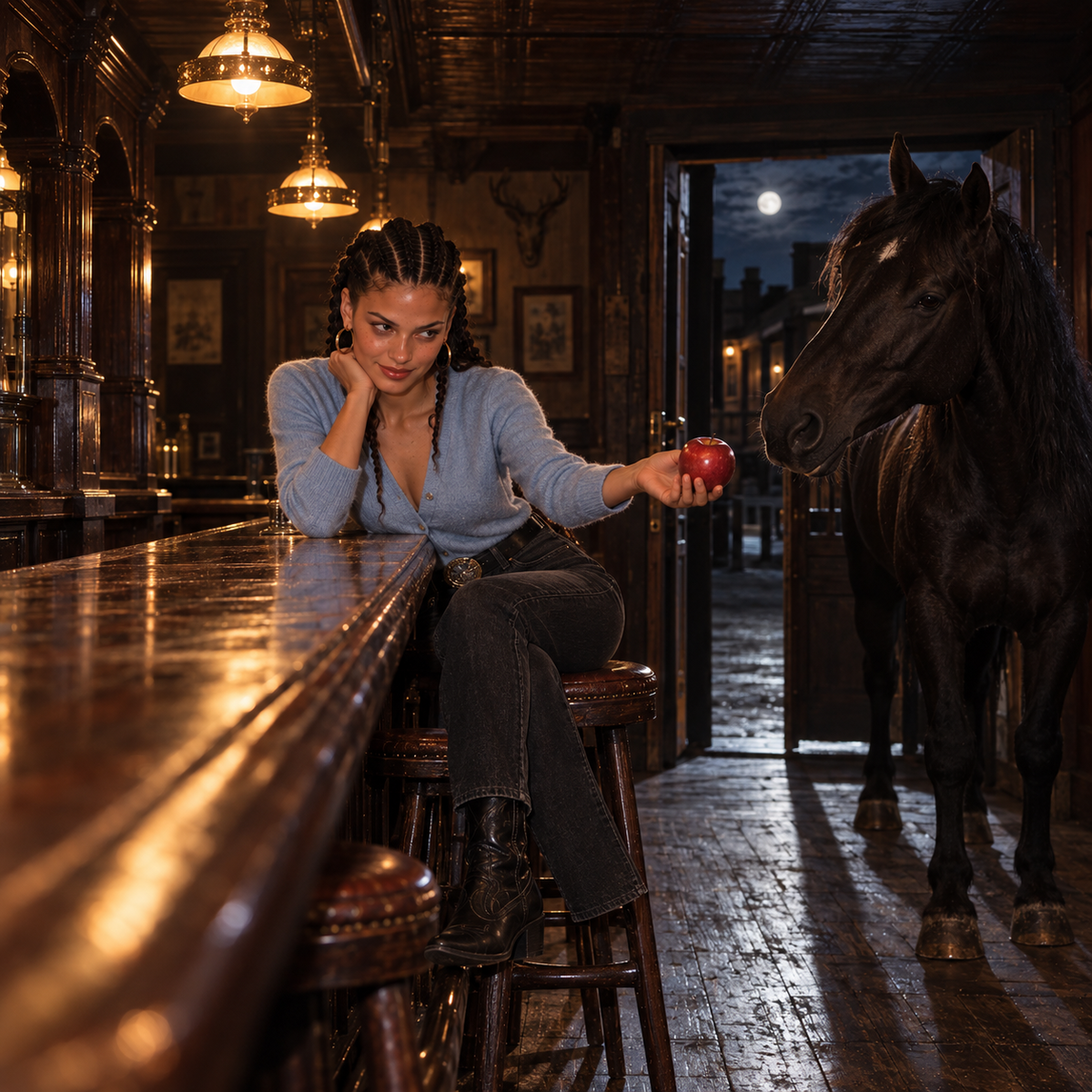 Woman with braided hair in a blue cardigan and black jeans offering a red apple to a black horse inside a warmly lit wooden bar, with a full moon visible through the doorway