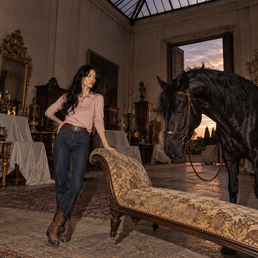 Dark-haired model in a pink knit top, blue jeans and cowboy boots standing beside an antique chaise longue and a black stallion inside an opulent, antique-filled mansion at sunset, photographed in a grainy 1990s editorial style.