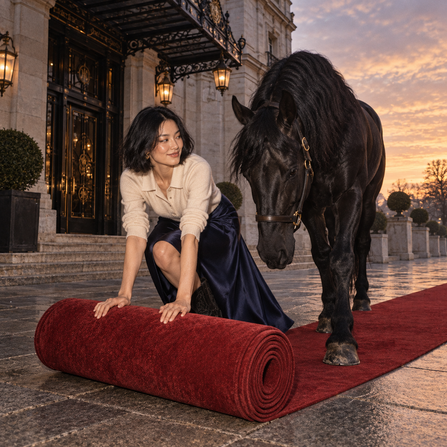 East Asian woman in a cream knit top and navy satin skirt unrolling a red velvet carpet for a black stallion outside a grand hotel at sunset, in a 1990s-inspired fashion editorial.