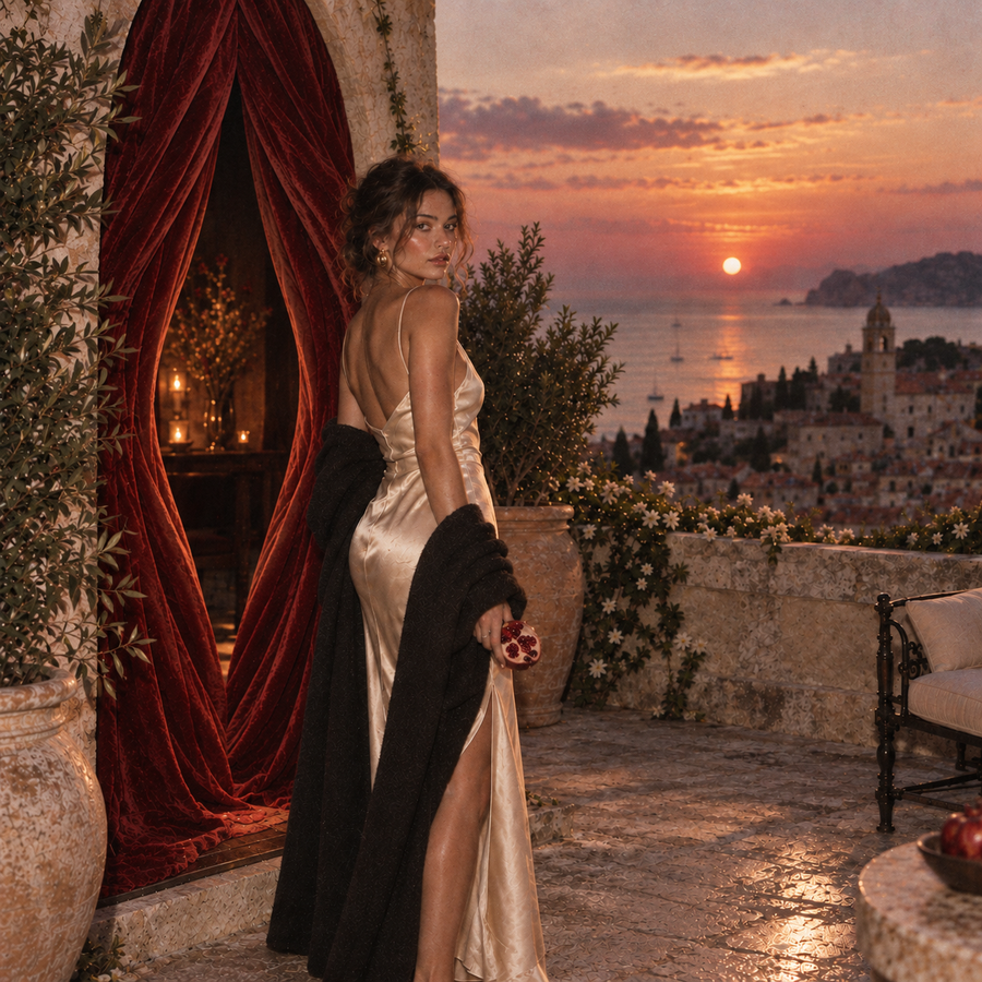 Woman in an ivory satin slip dress stands barefoot on a stone terrace at sunset, glancing back over her shoulder while holding gold heels and a dark coat beside a dramatic burgundy velvet doorway, with a coastal town and sea in the background.