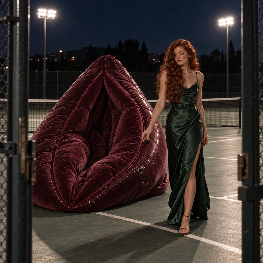Long red-haired woman in a dark green satin gown walking beside an oversized burgundy velvet sculpture on a floodlit tennis court at night.