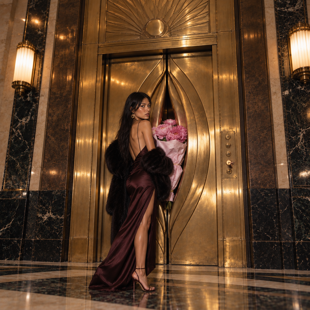 Dark-haired model in a burgundy satin evening gown and black fur stole, holding pink peonies in front of sculptural gold Art Deco lift doors in a luxurious marble lobby.