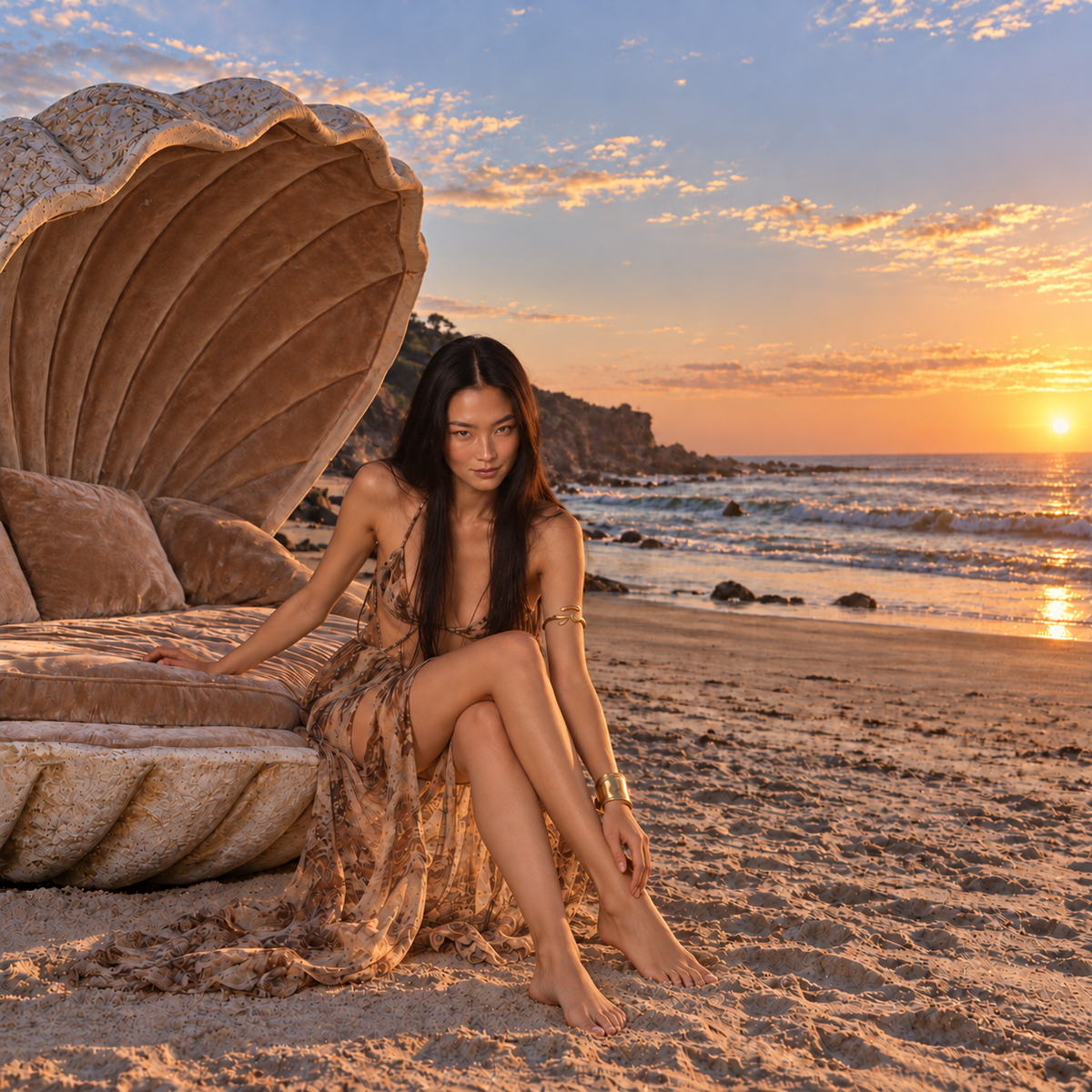East Asian woman in a flowing earth-toned dress, sitting barefoot beside an oversized sculptural seashell on a beach at sunset, looking at the camera with a subtle smile, representing Bharani Nakshatra’s yoni symbol.