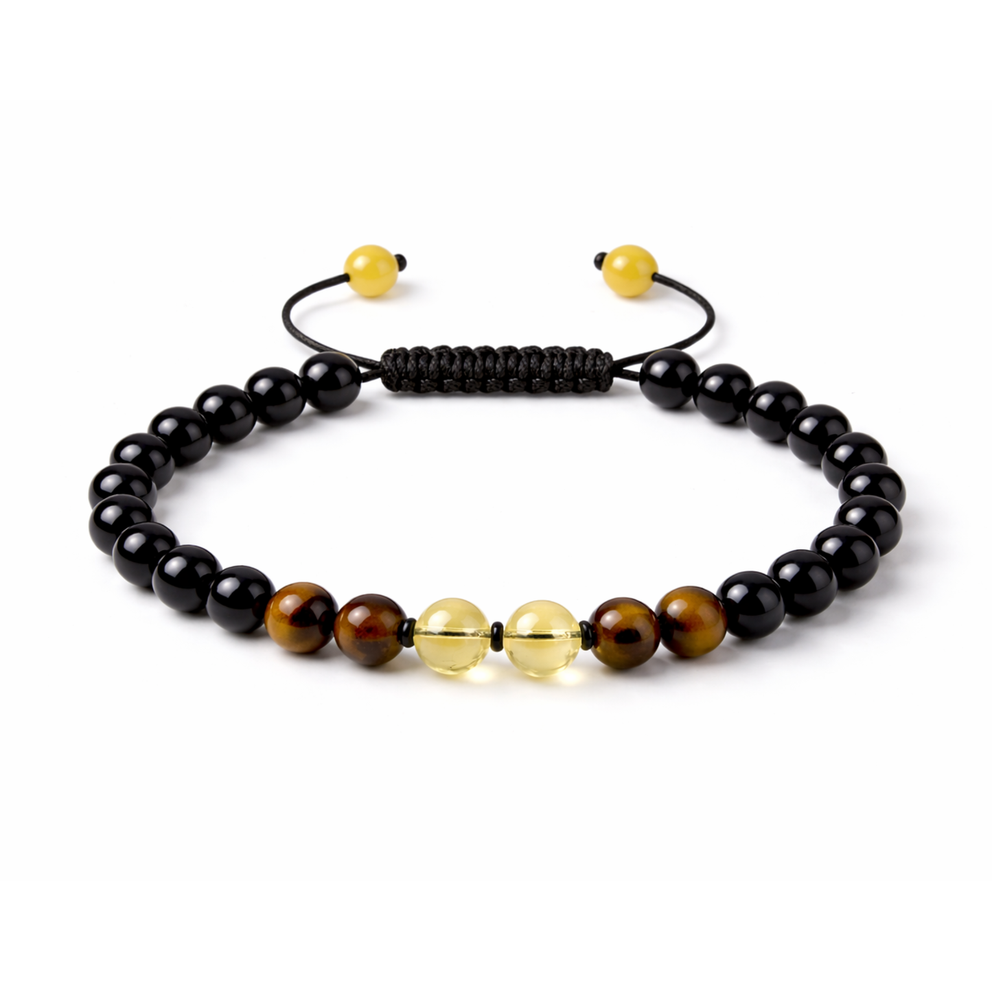 Black onyx, tiger’s eye and citrine adjustable crystal bracelet on white background
