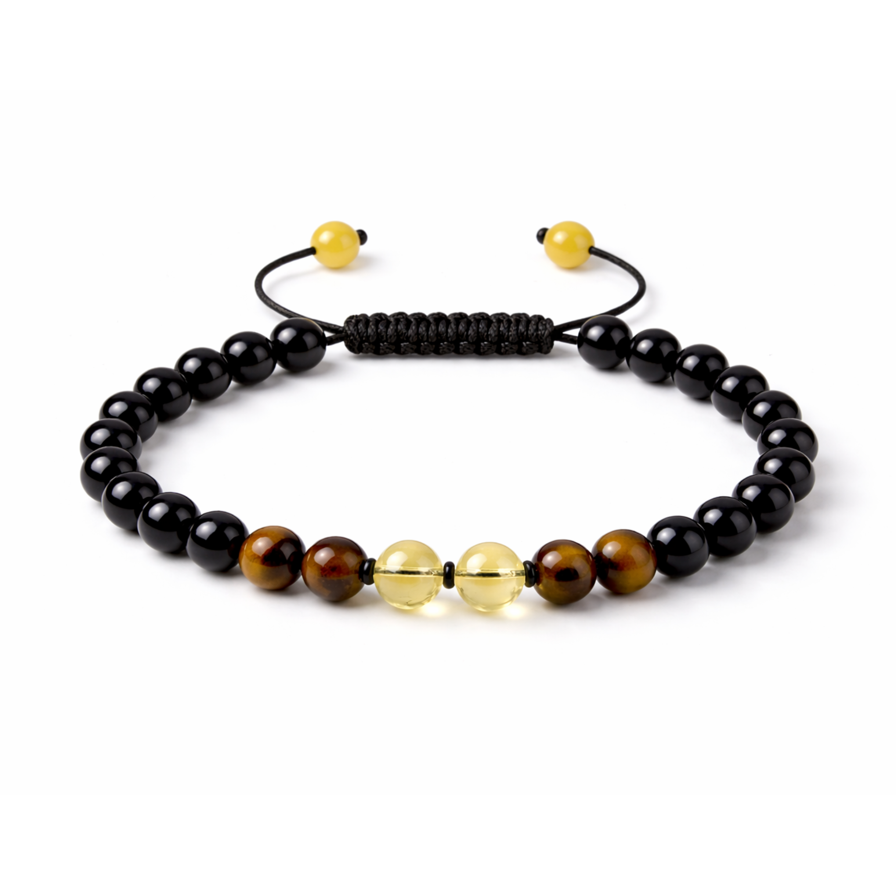 Black onyx, tiger’s eye and citrine adjustable crystal bracelet on white background
