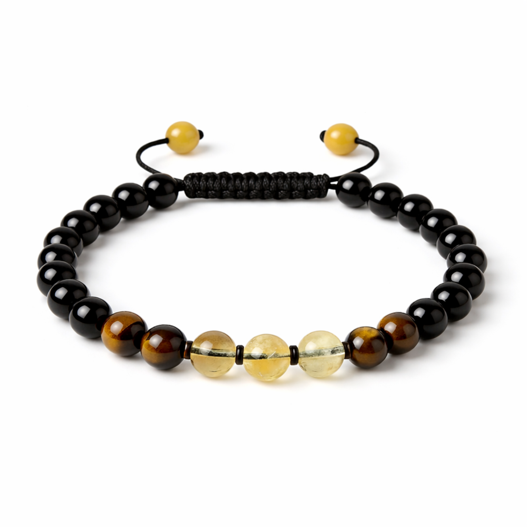 Black tiger’s eye and citrine crystal bracelet with black beads for protection and confidence by Moon Sutras