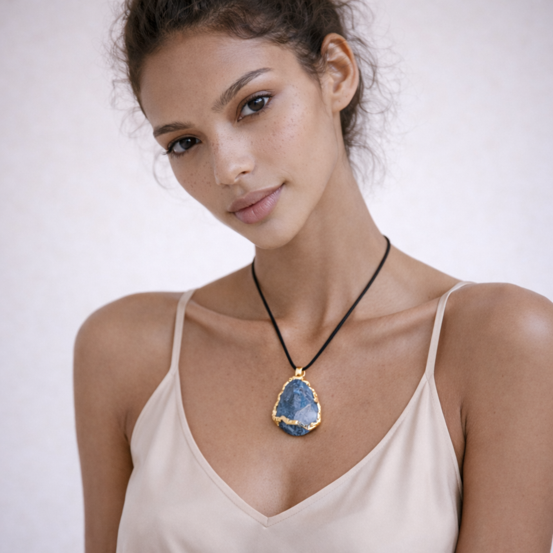 Blue apatite necklace worn on model portrait view with black cord