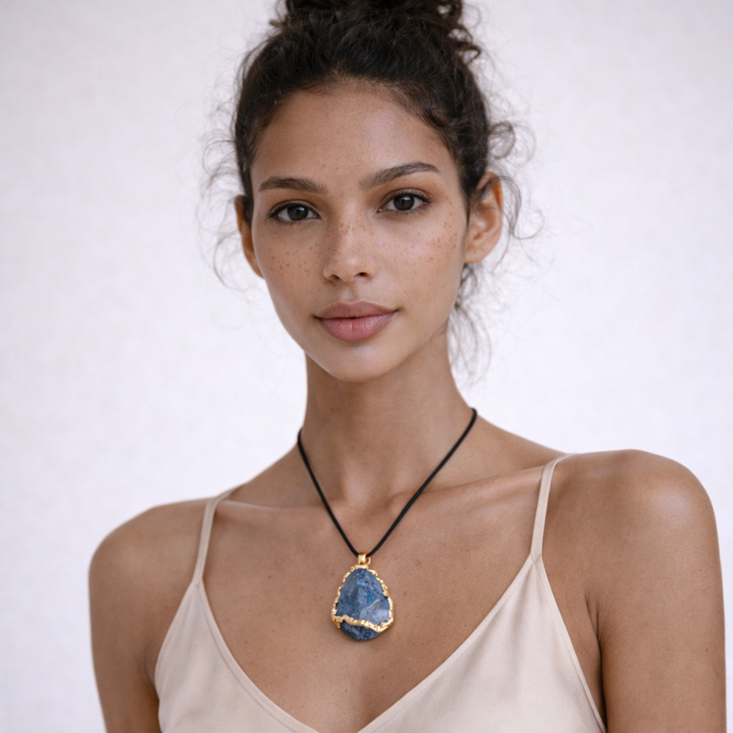 Blue apatite necklace worn on model with beige top and black cord