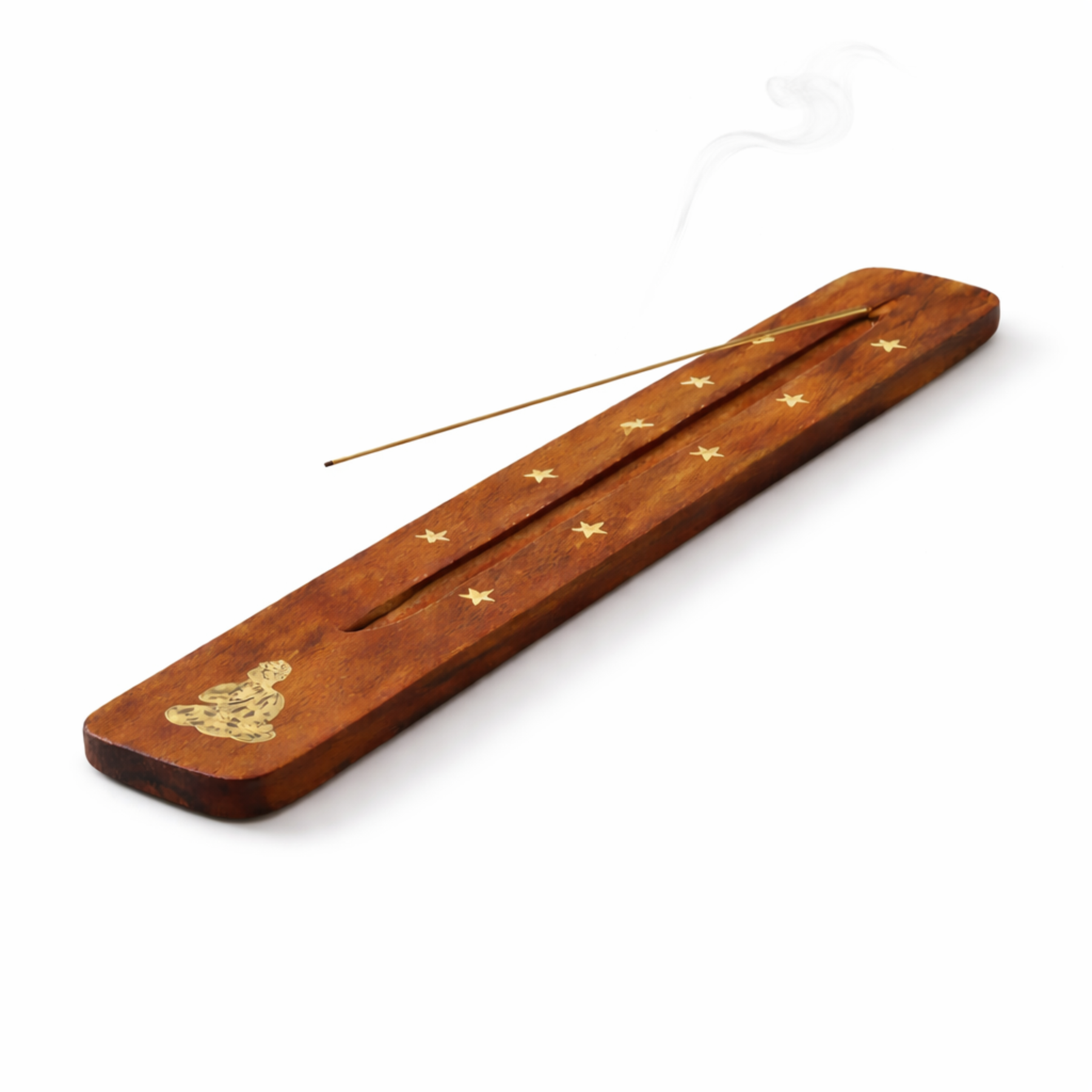 Buddha incense burner natural elm wood angled view white background