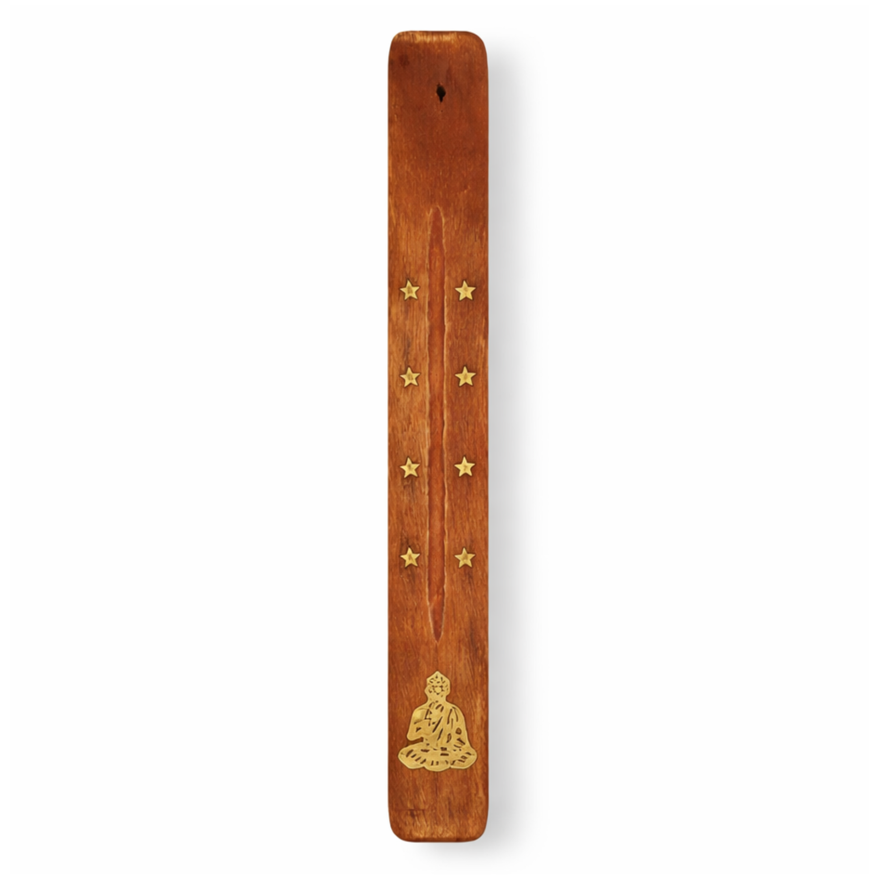 Buddha incense holder natural elm wood with brass buddha details by Moon Sutras