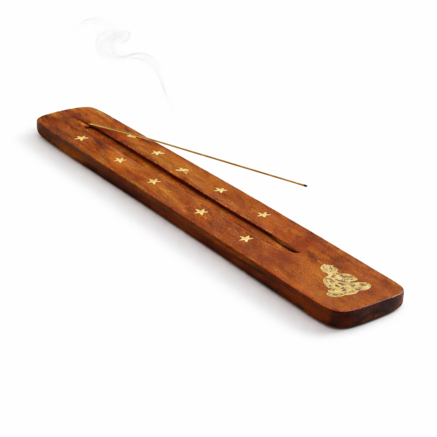 Buddha incense holder top view with incense stick and smoke natural elm wood