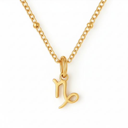Capricorn necklace gold zodiac symbol pendant on gold chain by Moon Sutras