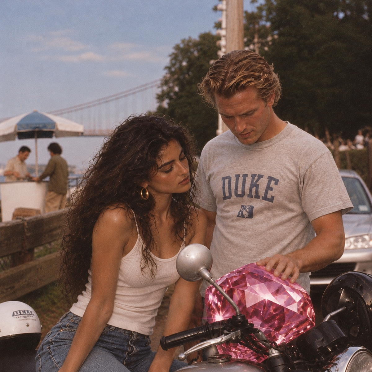Brunette fashion model in a white vest and jeans sits on a vintage Triumph motorcycle beside a blond man, both admiring an oversized pink jewel in a grainy 1990s-style waterfront photograph.