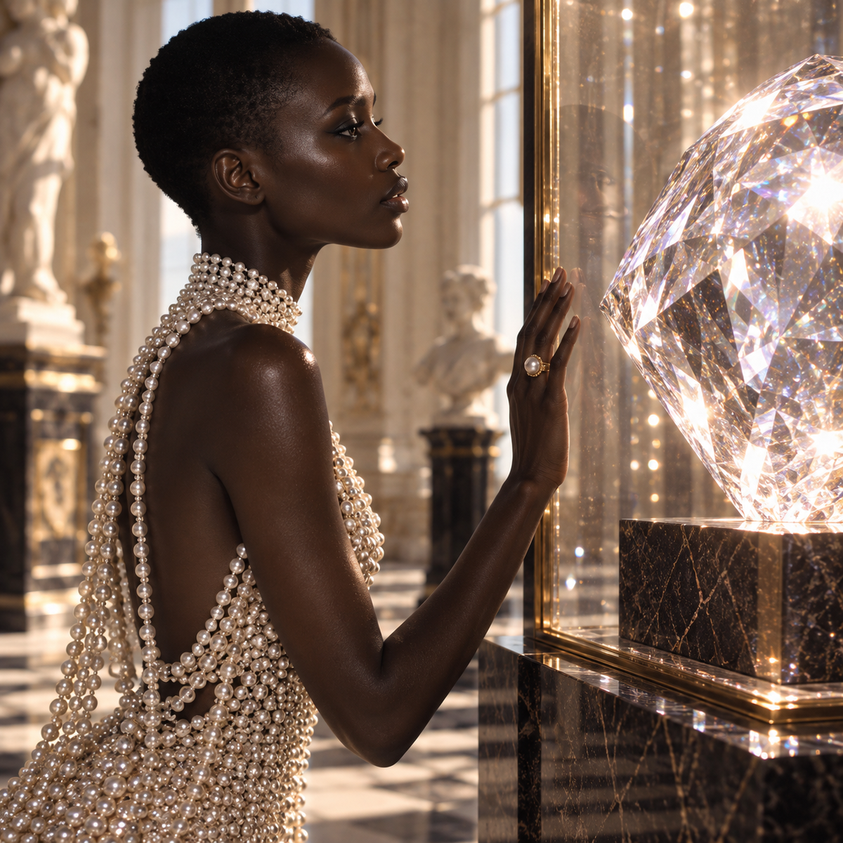 Black woman with short natural hair wearing a pearl-covered dress, reaching towards a giant faceted diamond displayed in an opulent interior, representing Chitra Nakshatra in Vedic astrology.