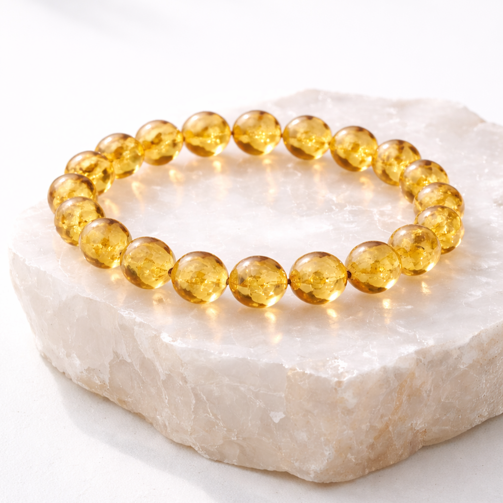 Citrine crystal bracelet with golden gemstone beads displayed on natural stone base