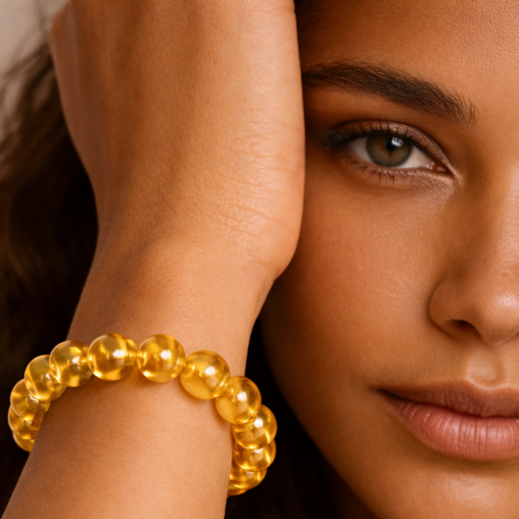 Citrine healing crystal bracelet with yellow gemstone beads and natural stone texture