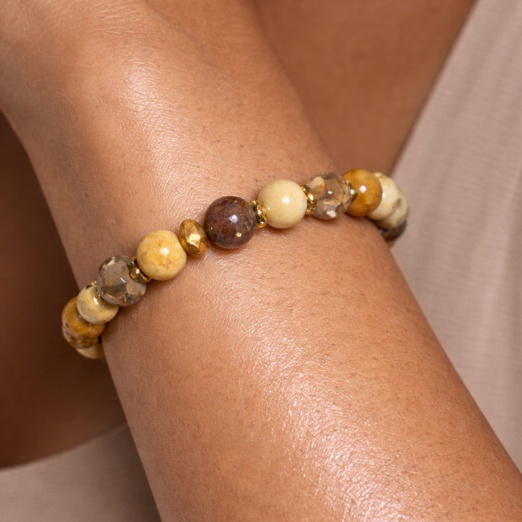 Close up of citrine gemstone bracelet worn on wrist with yellow and brown crystal beads