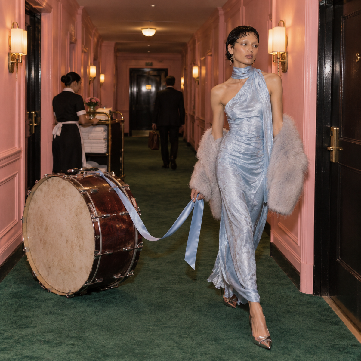 Woman in a silver evening gown and fur stole walking through a pink hotel corridor, trailing a large drum behind her, representing Dhanishta Nakshatra in Vedic astrology.