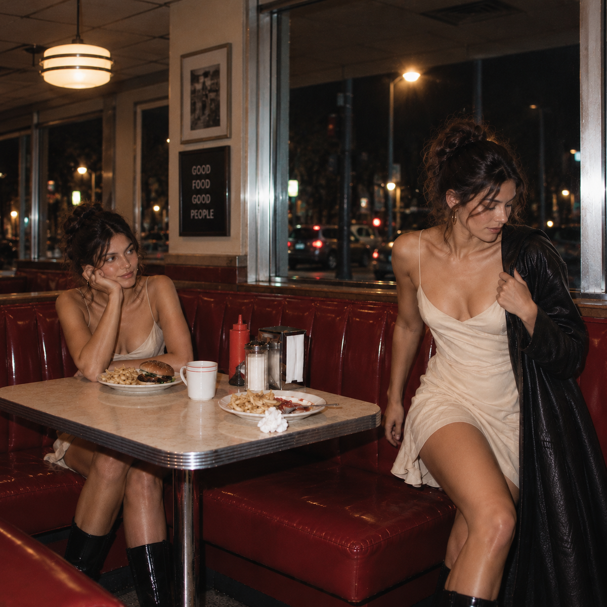 Two identical women in cream dresses sit in a red diner booth at night, with one remaining at the table while the other gets up to leave.
