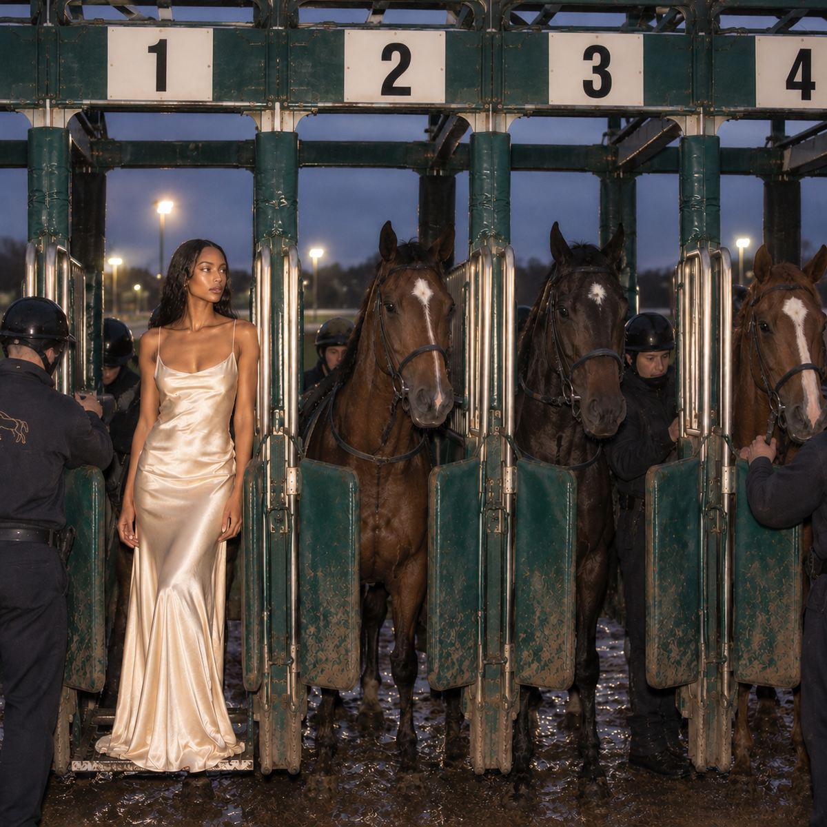 Model in a champagne satin dress standing in a numbered race starting gate beside horses at dusk.