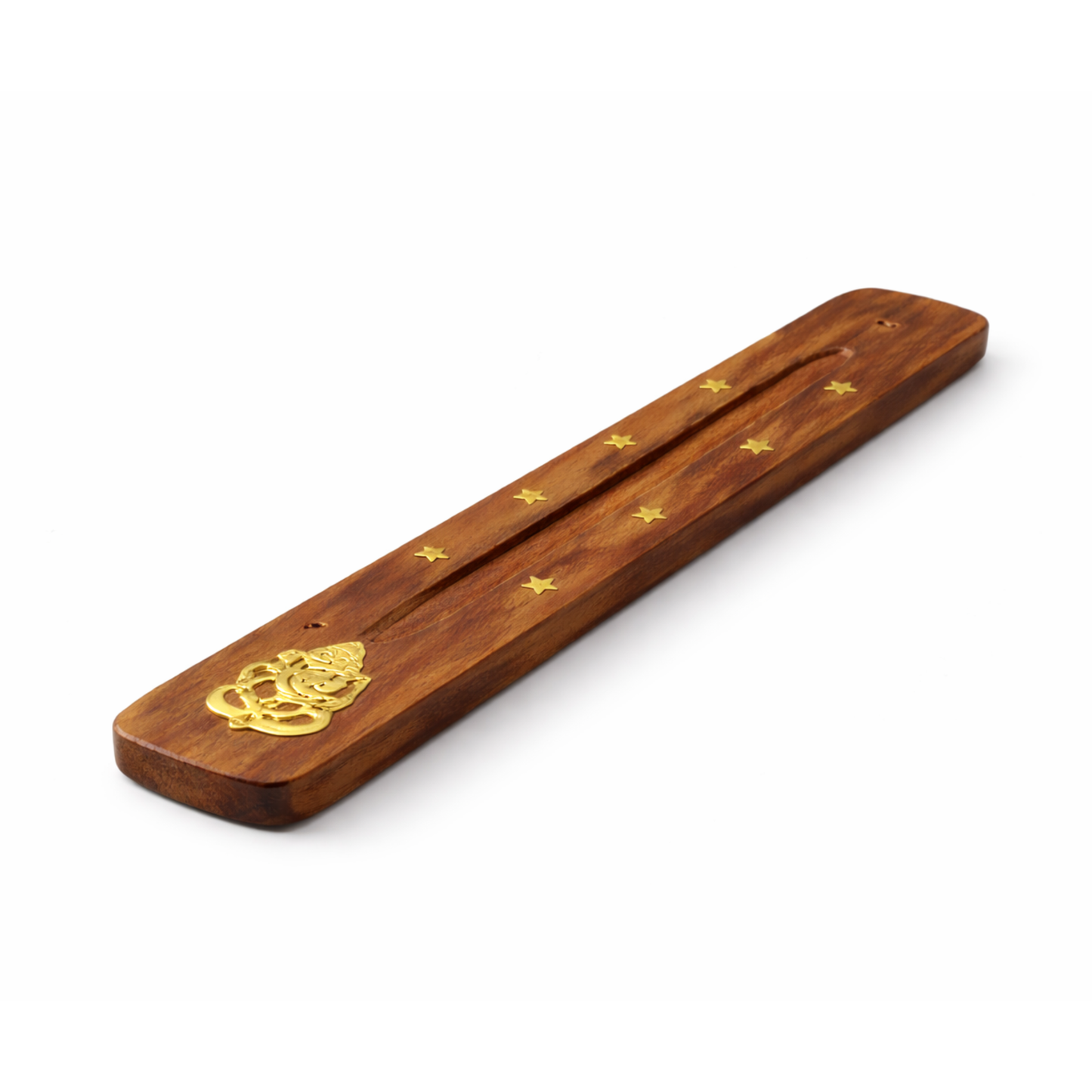 Ganesh incense burner natural elm wood angled view white background