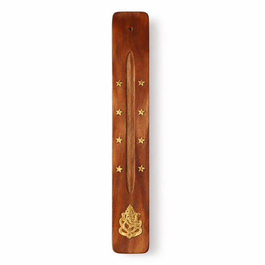 Ganesh incense holder natural elm wood with brass detailing by Moon Sutras