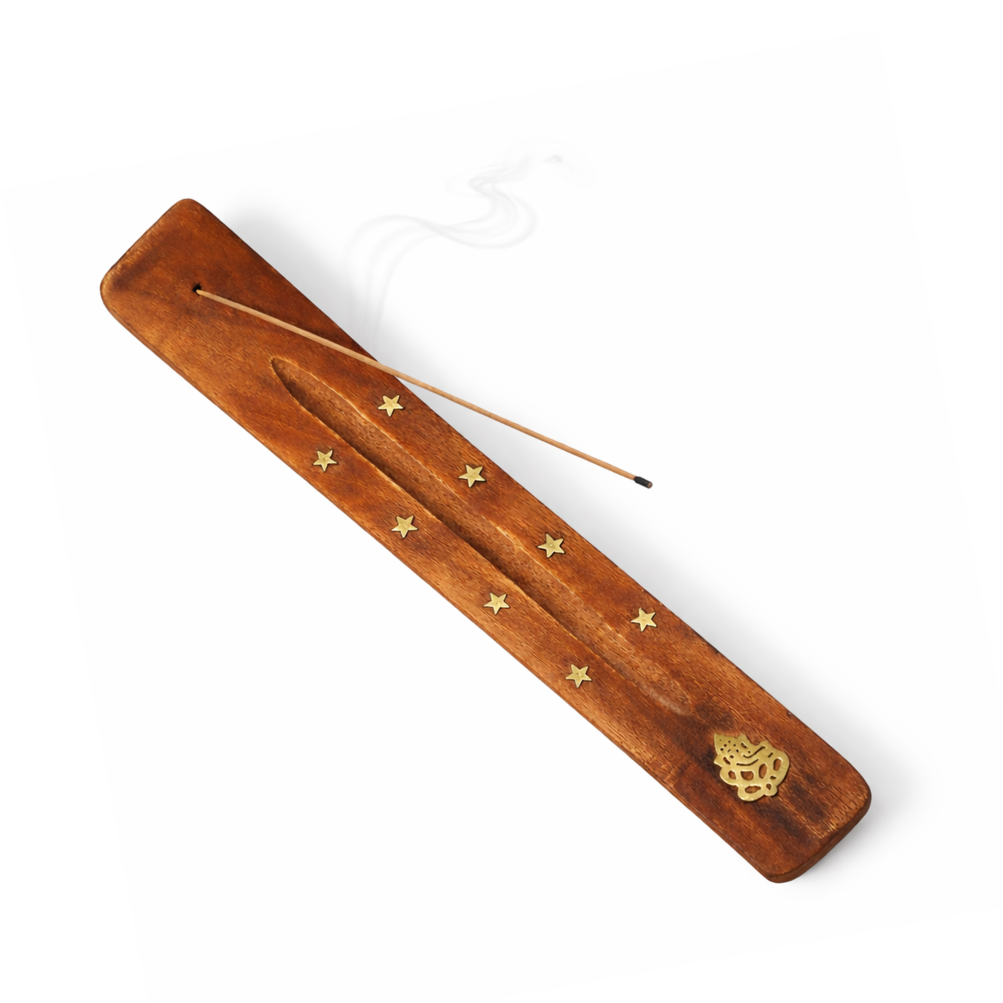 Ganesh incense holder top view with incense stick and smoke natural elm wood
