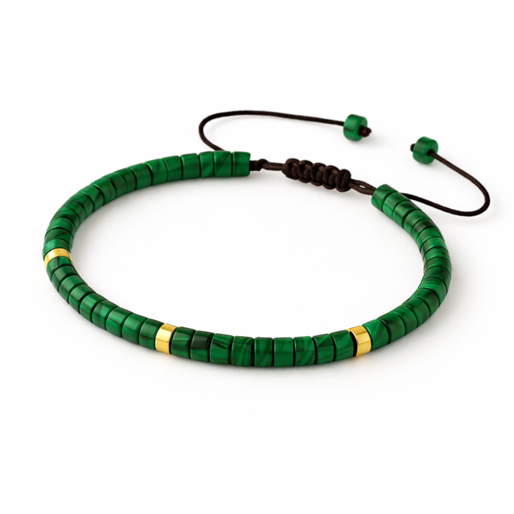 Green malachite gemstone bracelet with adjustable cord and gold bead details