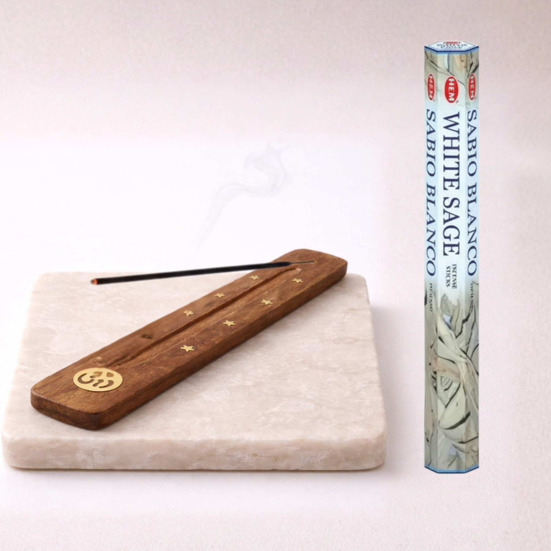 HEM White Sage incense packaging and single box clean studio background