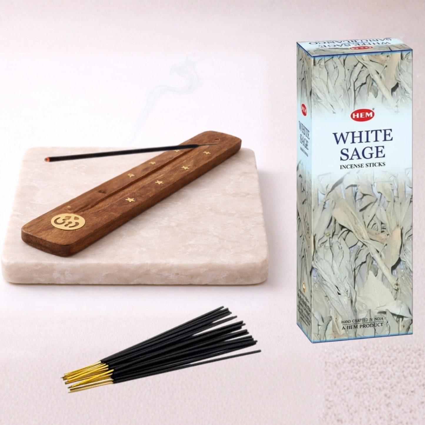 HEM White Sage incense with holder and packaging side angle on neutral background