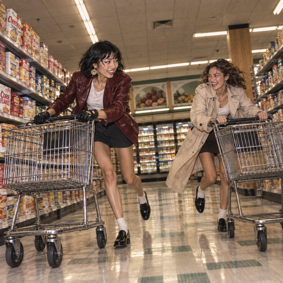 Two fashion models in a burgundy leather jacket and beige trench coat race shopping trolleys down a supermarket aisle, laughing in a grainy 1990s-style photograph.