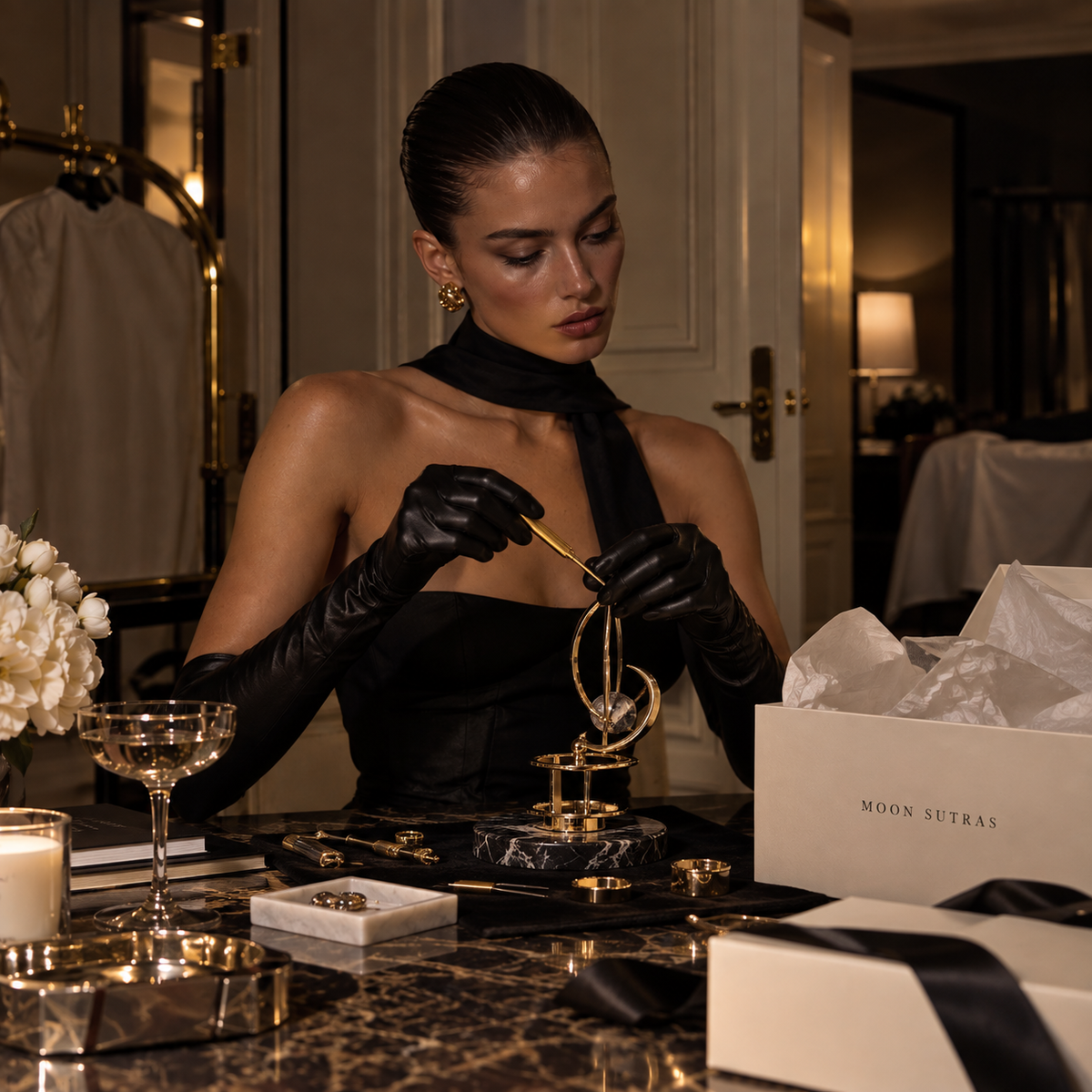 Woman in a black evening dress and long leather gloves carefully examining a gold bracelet at a marble table in a luxury hotel suite, representing Hasta Nakshatra in Vedic astrology.