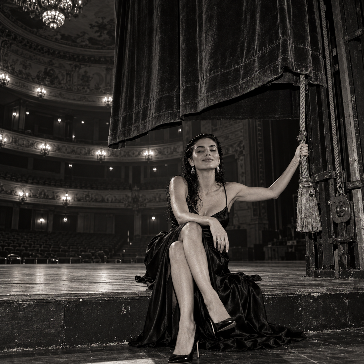 Dark-haired fashion model in a black satin gown and heels sits on the edge of a theatre stage, holding a velvet curtain rope with a slight smile, surrounded by ornate balconies and chandeliers in a grainy black-and-white photograph.