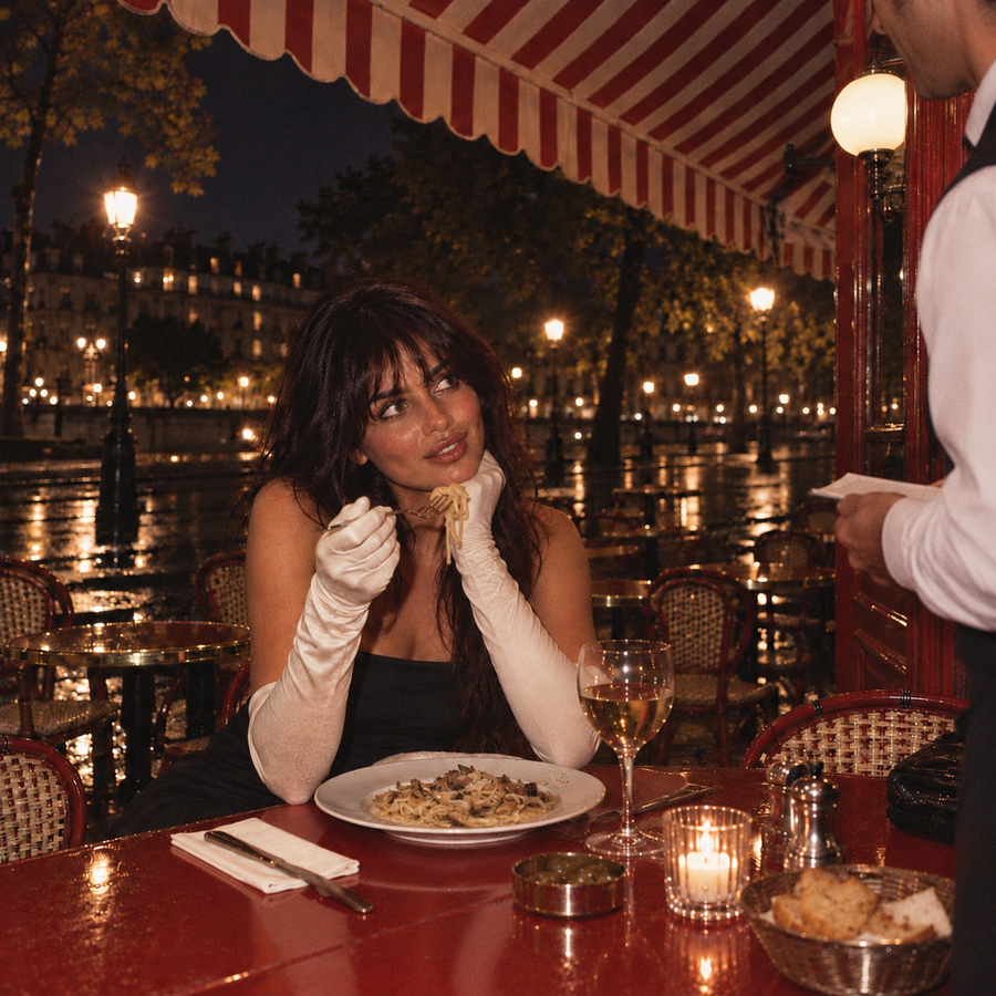 Brunette woman in a black dress and ivory opera gloves smiling at a waiter partially visible beside her, holding a forkful of pasta at a candlelit Parisian café at night.