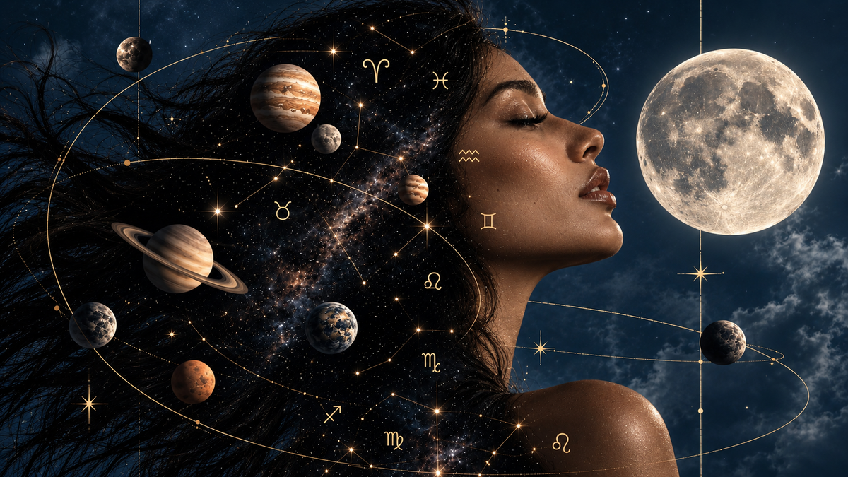 Woman in profile with flowing dark hair blending into a star-filled sky, surrounded by planets, zodiac symbols and a luminous full Moon.