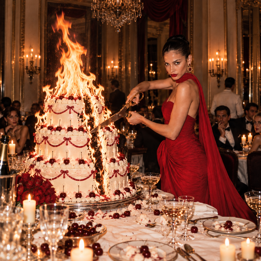 Woman in a red evening gown using a sword to cut into a towering wedding cake engulfed in flames at an opulent candlelit banquet, representing Krittika Nakshatra in Vedic astrology.