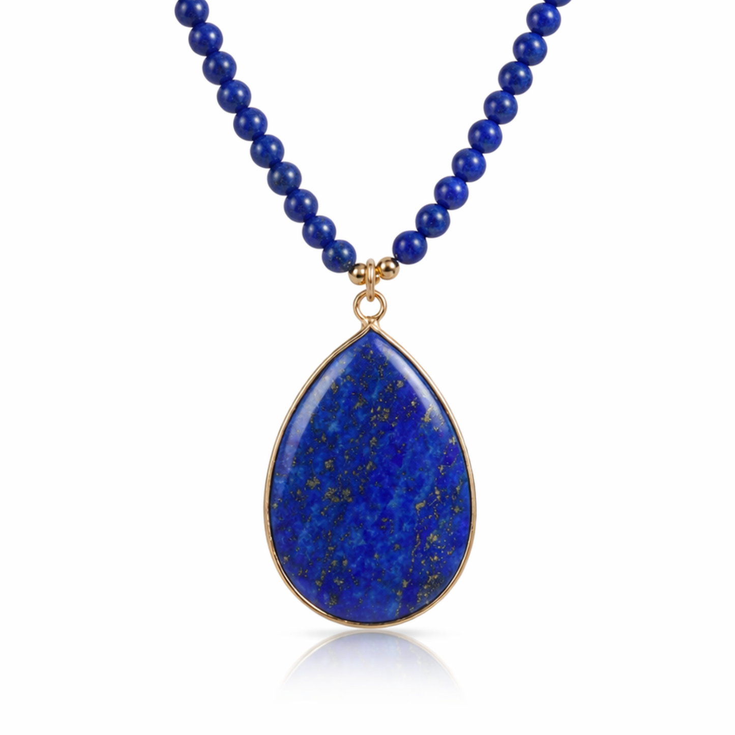 Lapis lazuli beaded necklace blue bead chain with teardrop pendant and gold setting by Moon Sutras